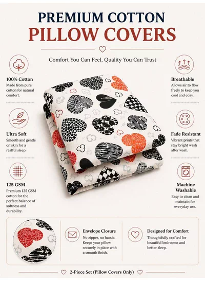 Set of 2 100% Cotton Printed Pillow Covers, Geometric Heart Pattern, 125 GSM Fabric, Soft & Breathable, Envelope Closure, Fade Resistant & Machine Washable – 50 x 75 cm-4