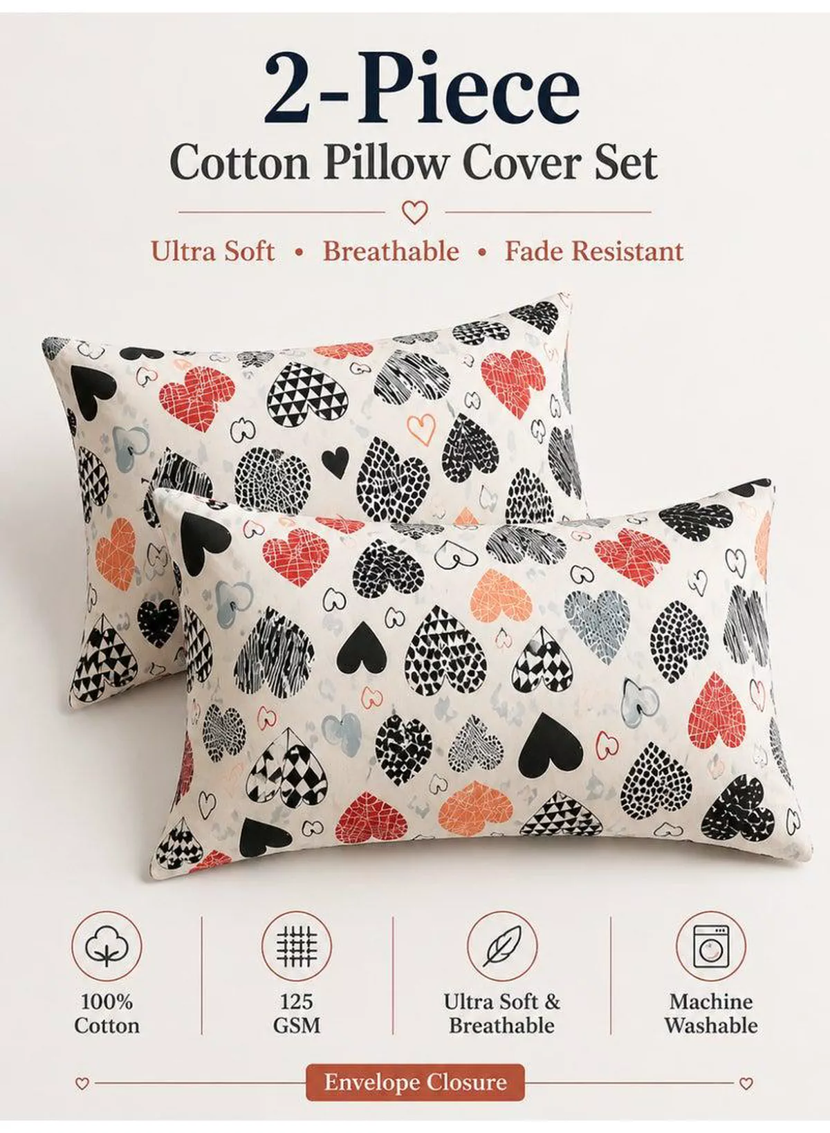 Set of 2 100% Cotton Printed Pillow Covers, Geometric Heart Pattern, 125 GSM Fabric, Soft & Breathable, Envelope Closure, Fade Resistant & Machine Washable – 50 x 75 cm