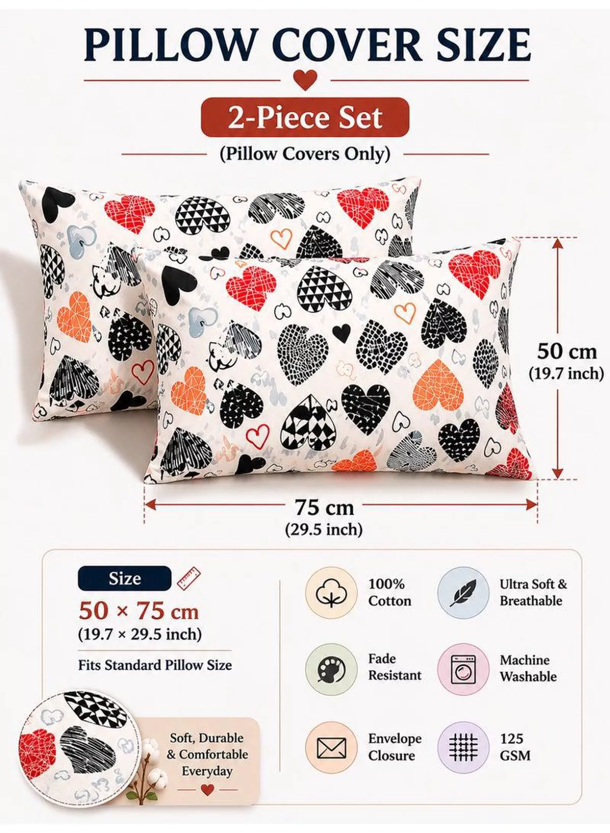 Set of 2 100% Cotton Printed Pillow Covers, Geometric Heart Pattern, 125 GSM Fabric, Soft & Breathable, Envelope Closure, Fade Resistant & Machine Washable – 50 x 75 cm-1-1