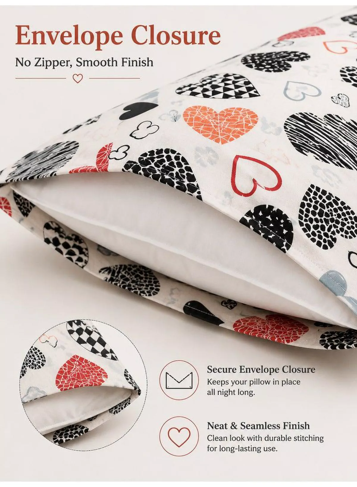 Set of 2 100% Cotton Printed Pillow Covers, Geometric Heart Pattern, 125 GSM Fabric, Soft & Breathable, Envelope Closure, Fade Resistant & Machine Washable – 50 x 75 cm-2-2