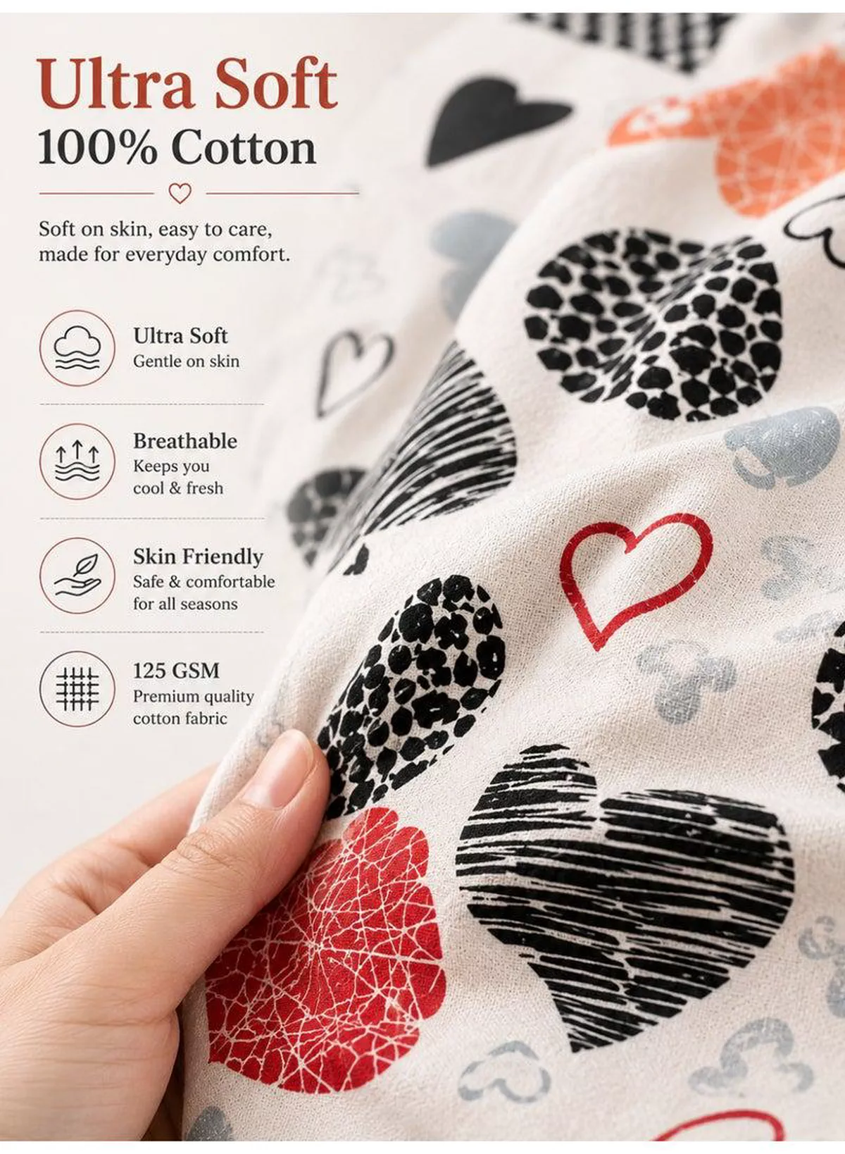 Set of 2 100% Cotton Printed Pillow Covers, Geometric Heart Pattern, 125 GSM Fabric, Soft & Breathable, Envelope Closure, Fade Resistant & Machine Washable – 50 x 75 cm-3-3