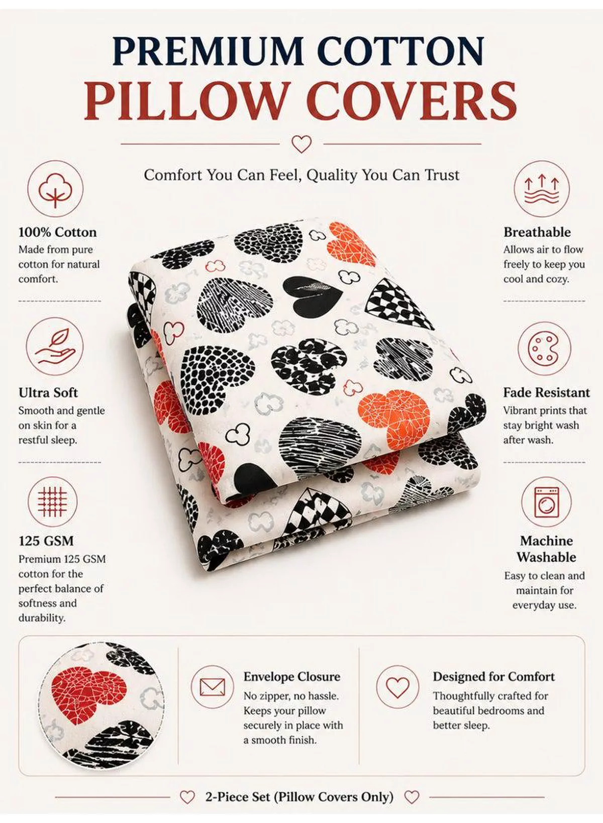Set of 2 100% Cotton Printed Pillow Covers, Geometric Heart Pattern, 125 GSM Fabric, Soft & Breathable, Envelope Closure, Fade Resistant & Machine Washable – 50 x 75 cm-4-4