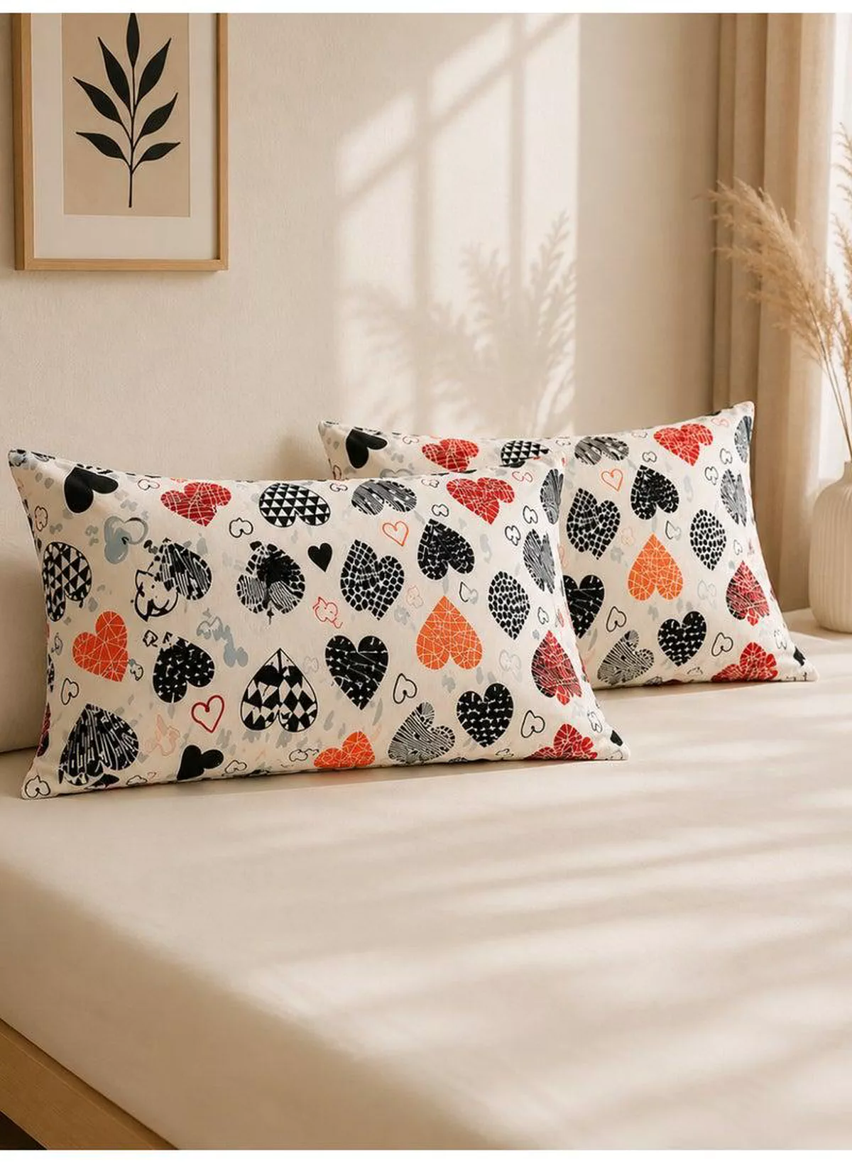 Set of 2 100% Cotton Printed Pillow Covers, Geometric Heart Pattern, 125 GSM Fabric, Soft & Breathable, Envelope Closure, Fade Resistant & Machine Washable – 50 x 75 cm-5-5