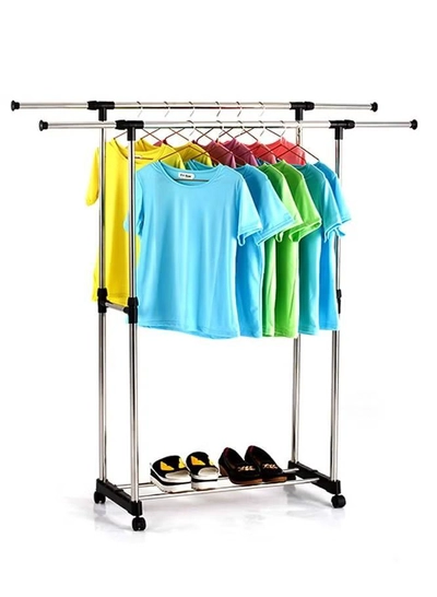 DOUBLE POLE Adjustable Clothes Rack Single/Double Bars With Wheel Coat Shelf Hanging Drying Rack Floor Hanger Movable Clothes Storage-0