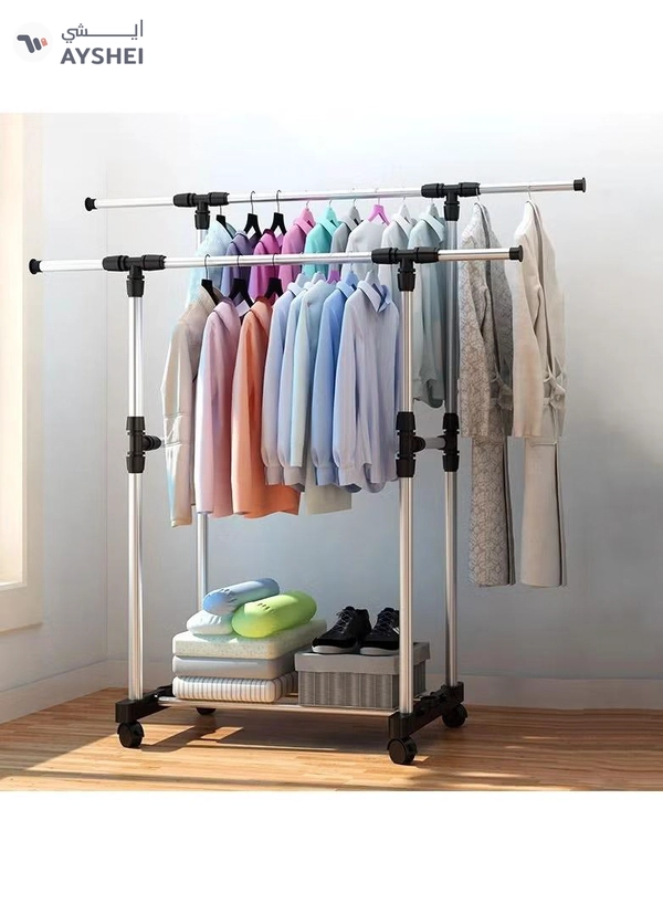 DOUBLE POLE Adjustable Clothes Rack Single/Double Bars With Wheel Coat Shelf Hanging Drying Rack Floor Hanger Movable Clothes Storage