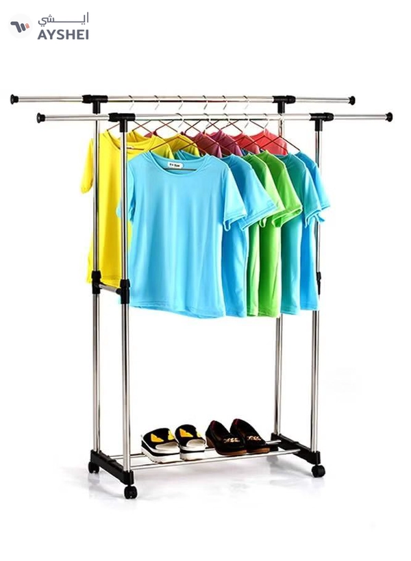 DOUBLE POLE Adjustable Clothes Rack Single/Double Bars With Wheel Coat Shelf Hanging Drying Rack Floor Hanger Movable Clothes Storage
