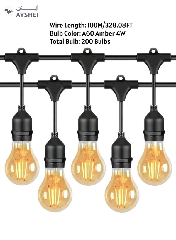 Yuwell Outdoor Waterproof IP65 Led String Lights E27 Holder 100 Meter Bulb Holder Wire With 200 Bulbs 4W A60 Amber With EU Plug Solar Bulb Holder For Ramadan Decoration Lights And Outdoor Decoration Light Hanging Light String Wire Ramadan Light For Commercial Patio Garden & Porch Yard