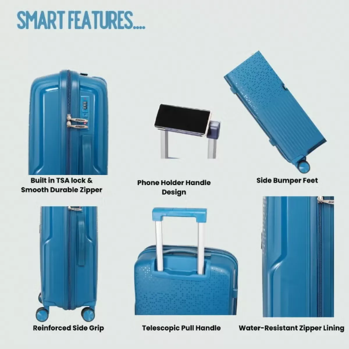 British Tourister 3 Piece Polypropylene Hard Side Spinner Luggage Trolley Set 20/24/28 Inch - Peacock Blue-6-6
