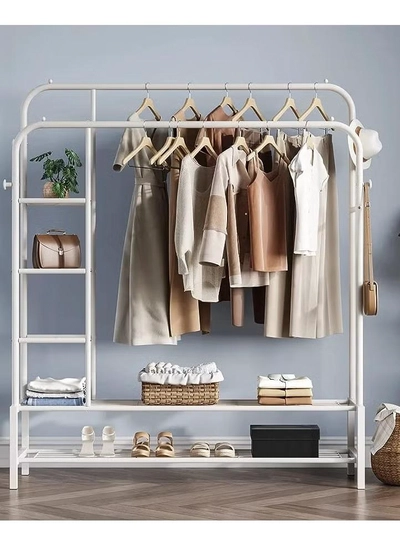 DubaiGallery Double Rods Portable Garment Rack for Hanging clothes, Metal Clothing Rack with Bottom Shelves-1