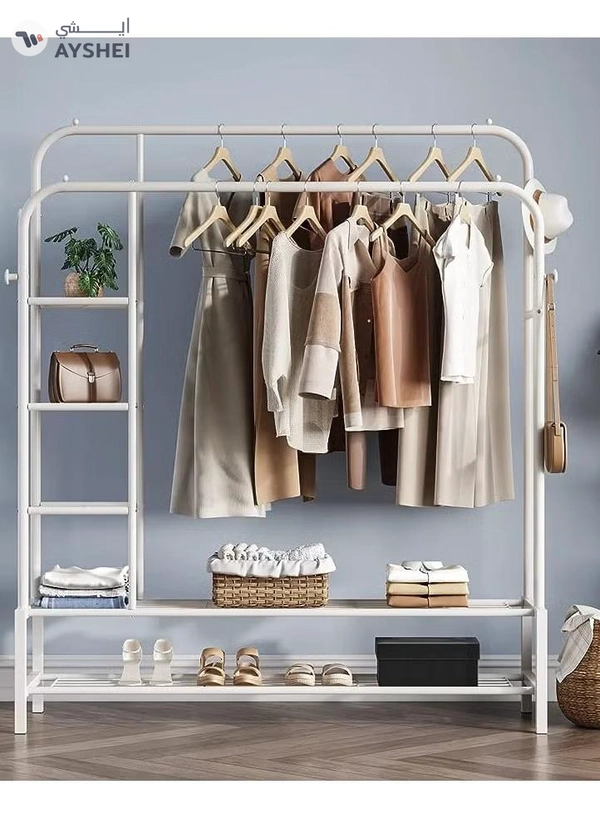 DubaiGallery Double Rods Portable Garment Rack for Hanging clothes, Metal Clothing Rack with Bottom Shelves
