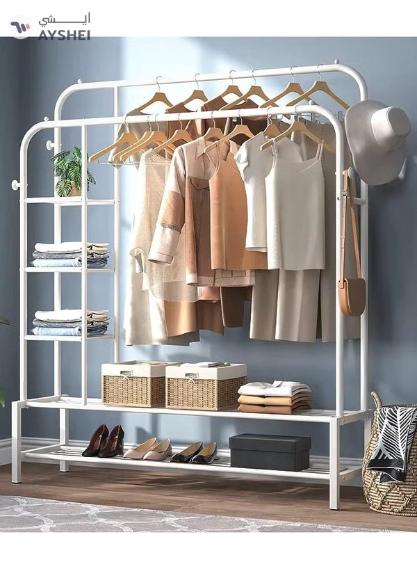 DubaiGallery Double Rods Portable Garment Rack for Hanging clothes, Metal Clothing Rack with Bottom Shelves