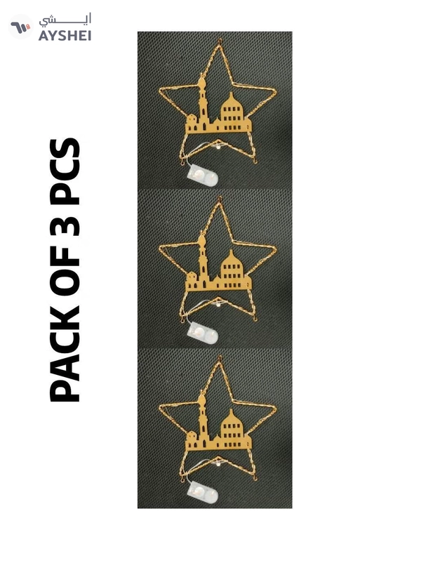 Yuwell Pack Of 3 Pcs Ramadan Decoration Hanging Lights For Indoor And Outdoor Home Decoration Light With Battery Mosque And Star Design Ramadan Light For Ramadan Decoration