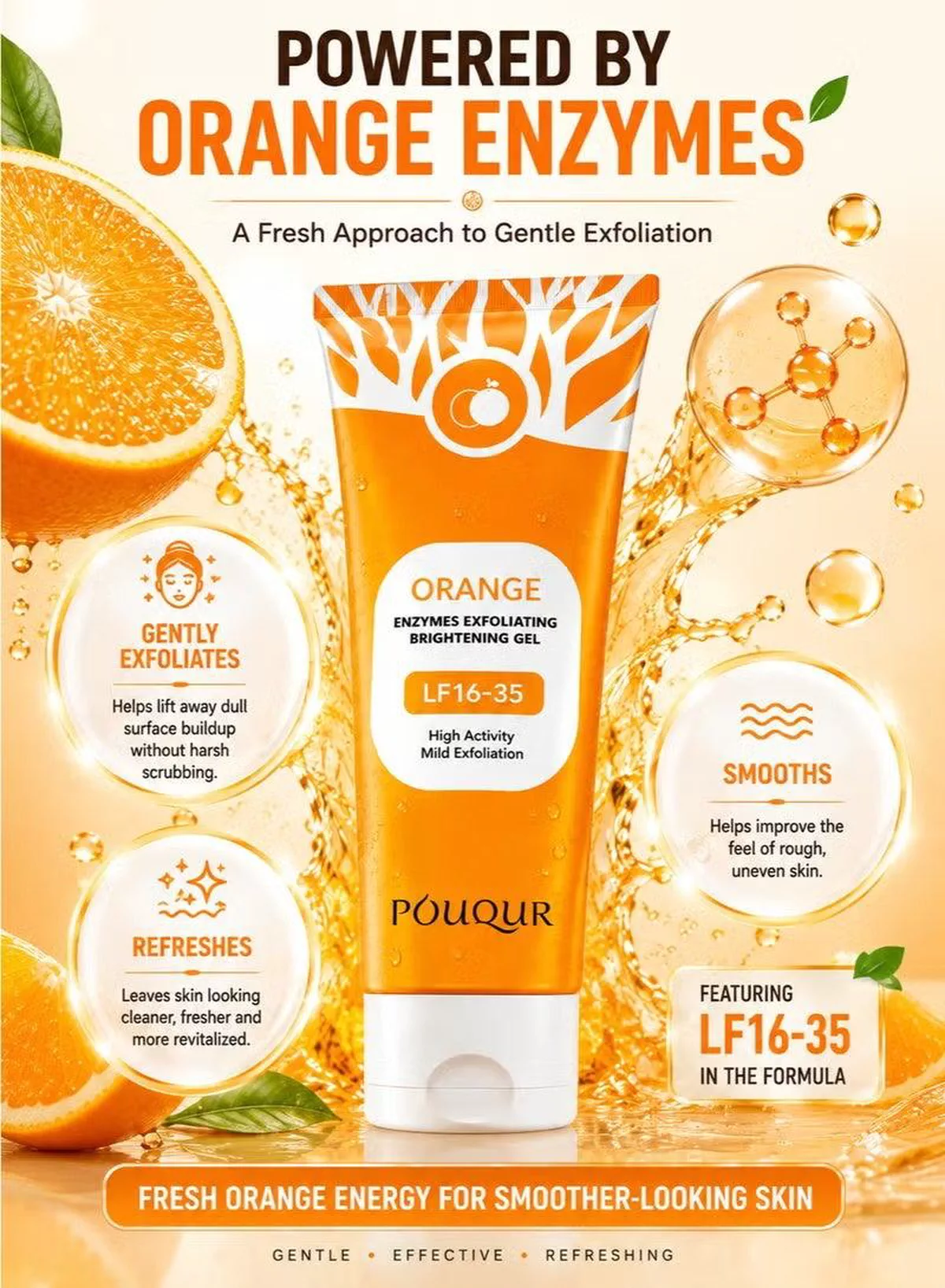 POUQUUR Orange Enzymes Exfoliating Brightening Gel LF16-35, High Activity Mild Exfoliation Facial Skincare, Gentle-Looking Formula for Refreshing the Skin Surface and Supporting a Smooth, Clean and Bright-Looking Complexion-2-2
