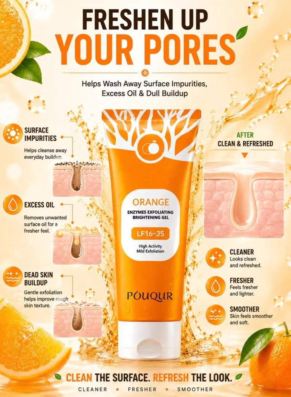 POUQUUR Orange Enzymes Exfoliating Brightening Gel LF16-35, High Activity Mild Exfoliation Facial Skincare, Gentle-Looking Formula for Refreshing the Skin Surface and Supporting a Smooth, Clean and Bright-Looking Complexion-5-5
