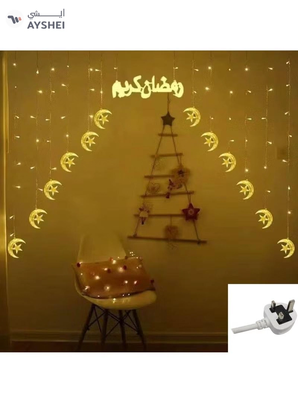 Yuwell Ramadan Light 3 Meter 136 LED String Light LED Decorative Light Multi Modes Operated Light With 3-Pin Plug For Ramadan Decoration Light Eid Decoration Light Warm White With Ramadan Kareem Sign Star And Moon Curtain Lights