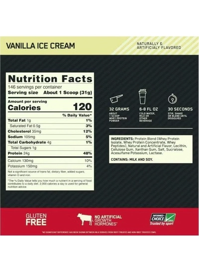 Optimum Nutrition Gold Standard 100% Whey Protein - Vanilla Ice Cream, 146 Servings-7
