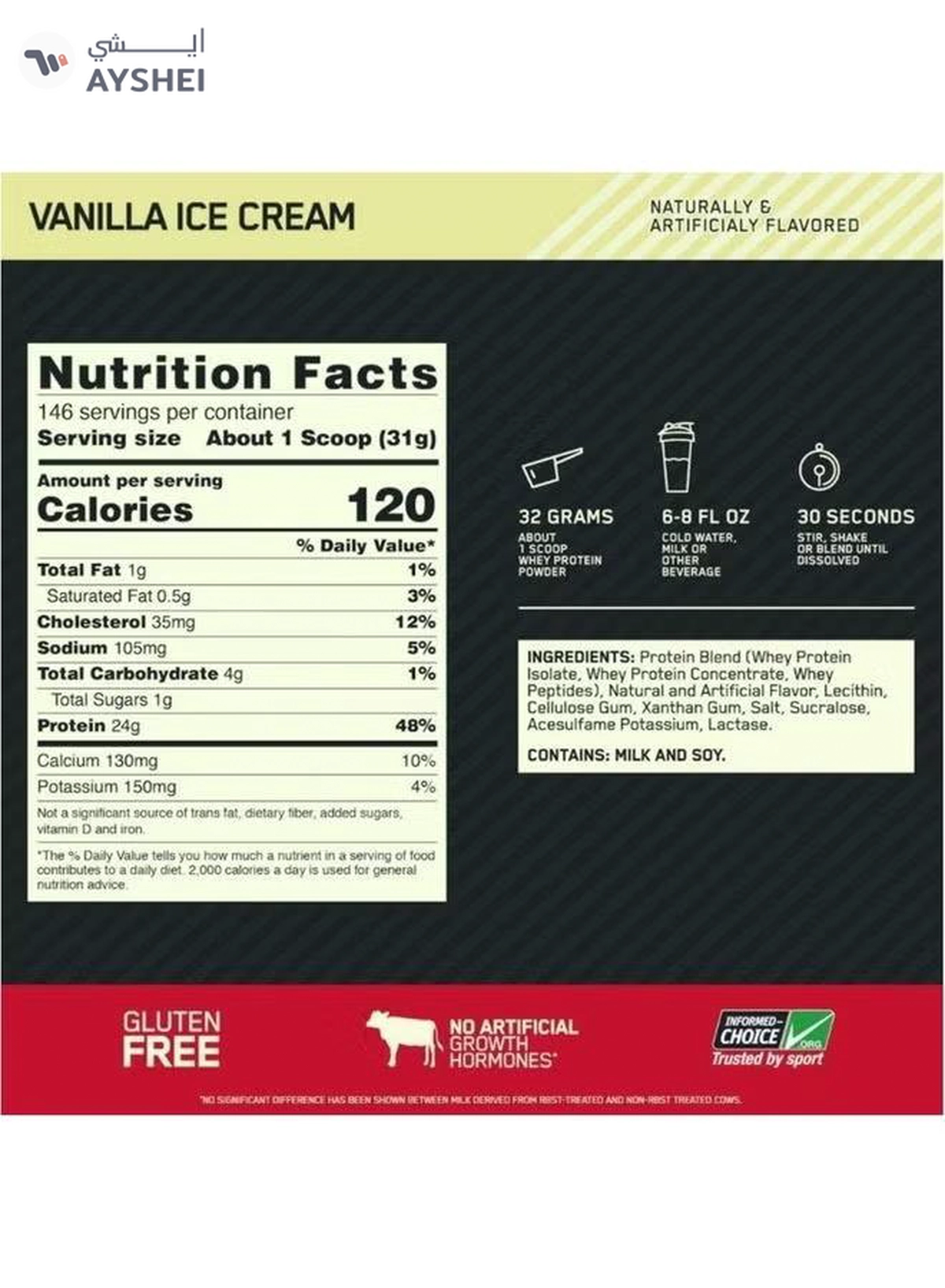 Optimum Nutrition Gold Standard 100% Whey Protein - Vanilla Ice Cream, 146 Servings-7-7
