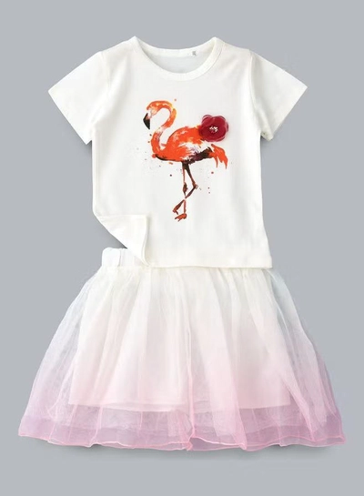 Babyqlo Swan Printed T-Shirt And Skirt Set White/Light Pink-0