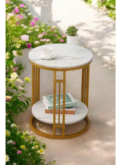 DubaiGallery Premium Quality Marble Side Table with Gold Frame, Contemporary Two Tier Accent Table for -0