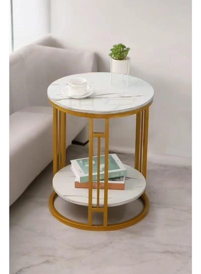 DubaiGallery Premium Quality Marble Side Table with Gold Frame, Contemporary Two Tier Accent Table for -1