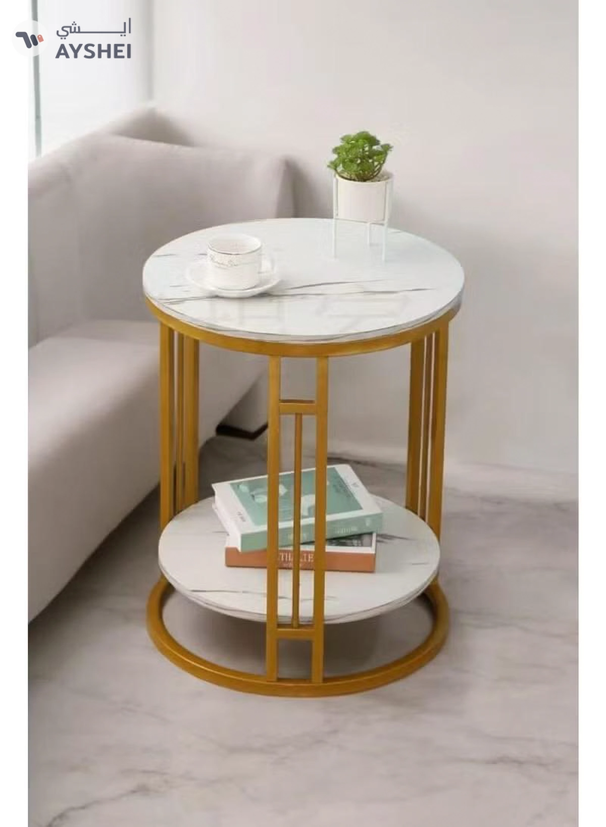 DubaiGallery Premium Quality Marble Side Table with Gold Frame, Contemporary Two Tier Accent Table for -1-1