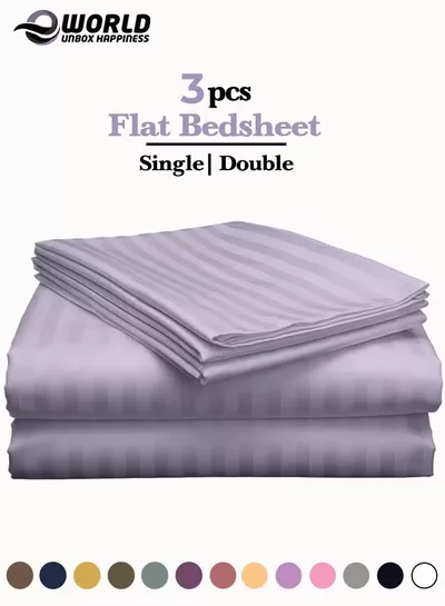 Eworld 3 Piece Luxury Purple Striped Bed Sheet Set with 1 Flat Sheet and 2 Pillowcases for Hotel and Home Crafted from Ultra Soft and Breathable Microfiber for Year-Round Comfort, (Single/Double)-0
