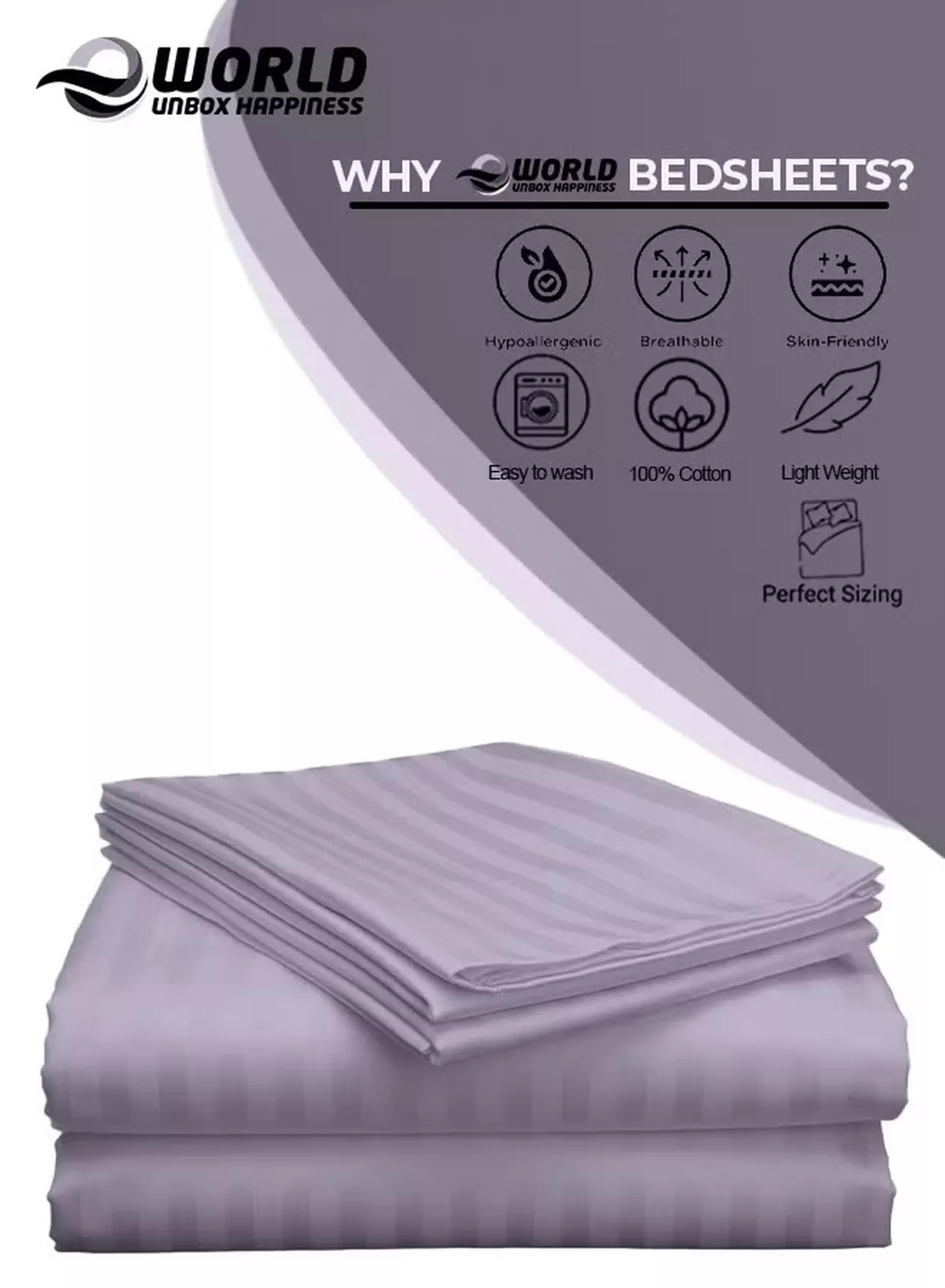 Eworld 3 Piece Luxury Purple Striped Bed Sheet Set with 1 Flat Sheet and 2 Pillowcases for Hotel and Home Crafted from Ultra Soft and Breathable Microfiber for Year-Round Comfort, (Single/Double)-2-2