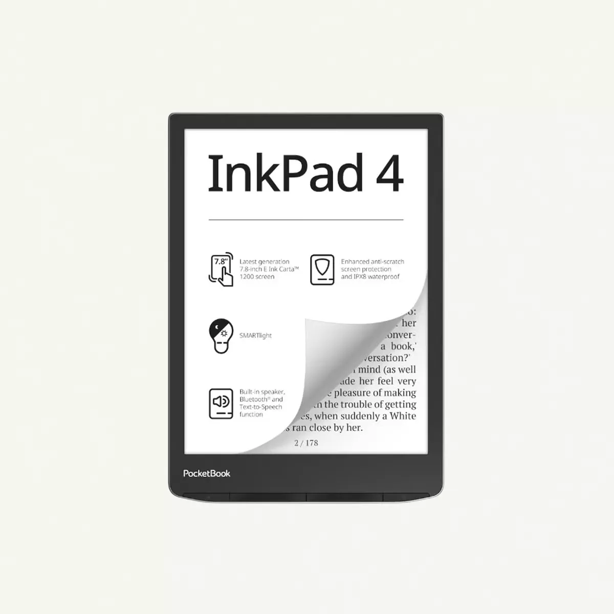 PocketBook InkPad 4 | Eye-Friendly Audio & E-Book Reader Large 7.8ʺ E-Ink Display Anti-Scratch Protection Text-to-Speech Function Bluetooth Built-in Speaker SMARTlight IPX8 Waterproof - Stardust Silver