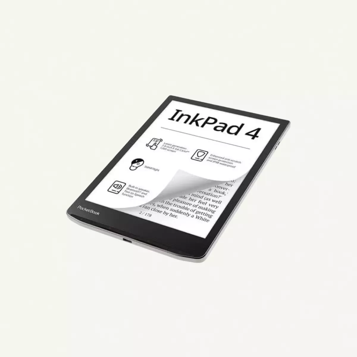 PocketBook InkPad 4 | Eye-Friendly Audio & E-Book Reader Large 7.8ʺ E-Ink Display Anti-Scratch Protection Text-to-Speech Function Bluetooth Built-in Speaker SMARTlight IPX8 Waterproof - Stardust Silver-1-1