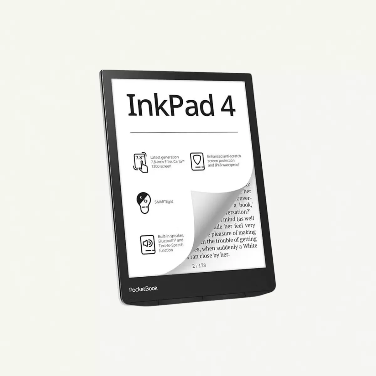 PocketBook InkPad 4 | Eye-Friendly Audio & E-Book Reader Large 7.8ʺ E-Ink Display Anti-Scratch Protection Text-to-Speech Function Bluetooth Built-in Speaker SMARTlight IPX8 Waterproof - Stardust Silver-2-2