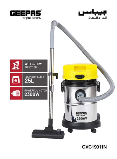 GEEPAS Wet and Dry Stainless Steel Vacuum Cleaner with Elegant Body, Adjustable Suction on Handle / Power Rating : AC 220 – 240 (50/60 Hz) 25 L 2300 W GVC19011N Silver/Black/Yellow-4