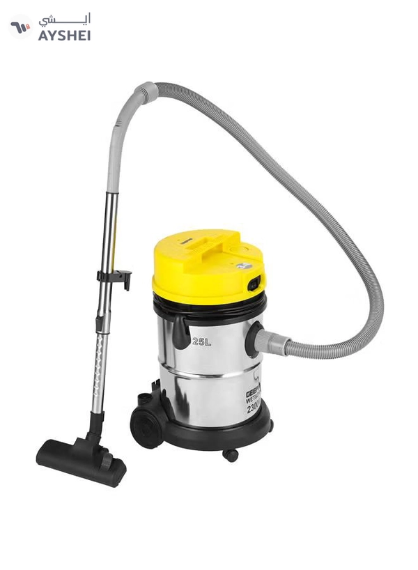 GEEPAS Wet and Dry Stainless Steel Vacuum Cleaner with Elegant Body, Adjustable Suction on Handle / Power Rating : AC 220 – 240 (50/60 Hz) 25 L 2300 W GVC19011N Silver/Black/Yellow