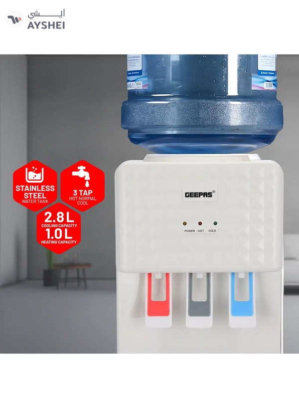 GEEPAS 3 Taps Water Dispenser with Hot, Normal and Cold Function, Stainless Steel Tank/ 2.8 L, 1.0 L Capacity, Perfect for Home, School, Apartments, Office, etc. GWD8326 White
