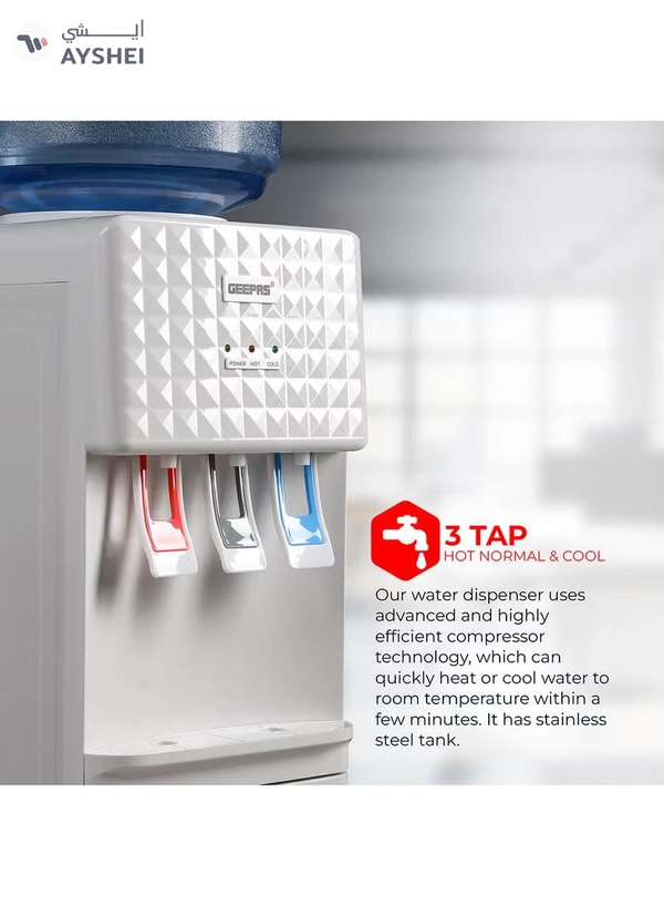 GEEPAS 3 Taps Water Dispenser with Hot, Normal and Cold Function, Stainless Steel Tank/ 2.8 L, 1.0 L Capacity, Perfect for Home, School, Apartments, Office, etc. GWD8326 White