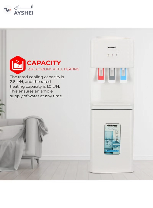 GEEPAS 3 Taps Water Dispenser with Hot, Normal and Cold Function, Stainless Steel Tank/ 2.8 L, 1.0 L Capacity, Perfect for Home, School, Apartments, Office, etc. GWD8326 White