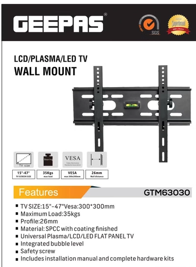 GEEPAS TV Wall Mount for LCD/PLASMA/LED Television, Premium Quality, Heavy Duty for 15 Inches To 47 Inches TV Screen Size and 35 KG Maximum Load | Integrated Bubble Level and Safety Screw Black-3
