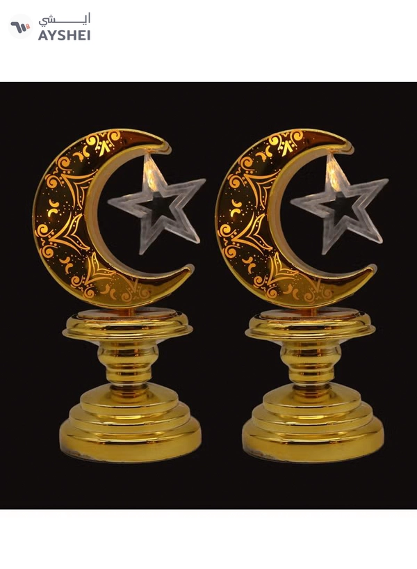 Yuwell 2 Pcs Battery Operated Ramadan Decoration Light LED Moon Stars Decoration Night Light Desk Lamp For Indoor And Outdoor Decoration Led Lamp (AAAX3 Required Not Included)