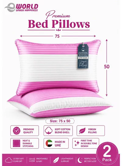 Pack of 2 Down Alternative Bed Pillows, 1250g Fill, Cotton Blend Cover, Hotel Quality, 50x75cm, Pink-White-0