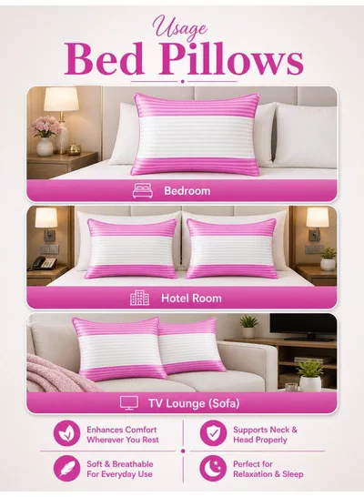 Pack of 2 Down Alternative Bed Pillows, 1250g Fill, Cotton Blend Cover, Hotel Quality, 50x75cm, Pink-White-2