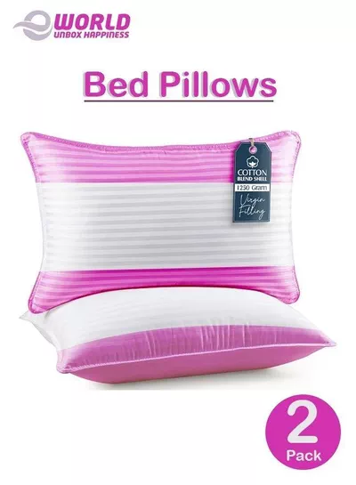 Pack of 2 Down Alternative Bed Pillows, 1250g Fill, Cotton Blend Cover, Hotel Quality, 50x75cm, Pink-White-3