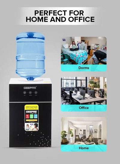 GEEPAS Hot And Cold Water Dispenser | Stainless Steel Water Tank With Fast Cooling And 2 Taps, Hot And Cold| Cold Temperature: 5-10 Degrees Celsius; Hot Temperature: 85-90 Degrees Celsius| Desk Top Dispenser, Perfect For Home And Office| 1 Year Warranty GWD17033 Black-1