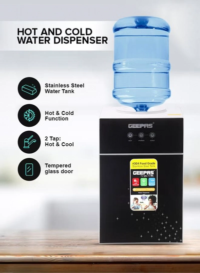 GEEPAS Hot And Cold Water Dispenser | Stainless Steel Water Tank With Fast Cooling And 2 Taps, Hot And Cold| Cold Temperature: 5-10 Degrees Celsius; Hot Temperature: 85-90 Degrees Celsius| Desk Top Dispenser, Perfect For Home And Office| 1 Year Warranty GWD17033 Black-0