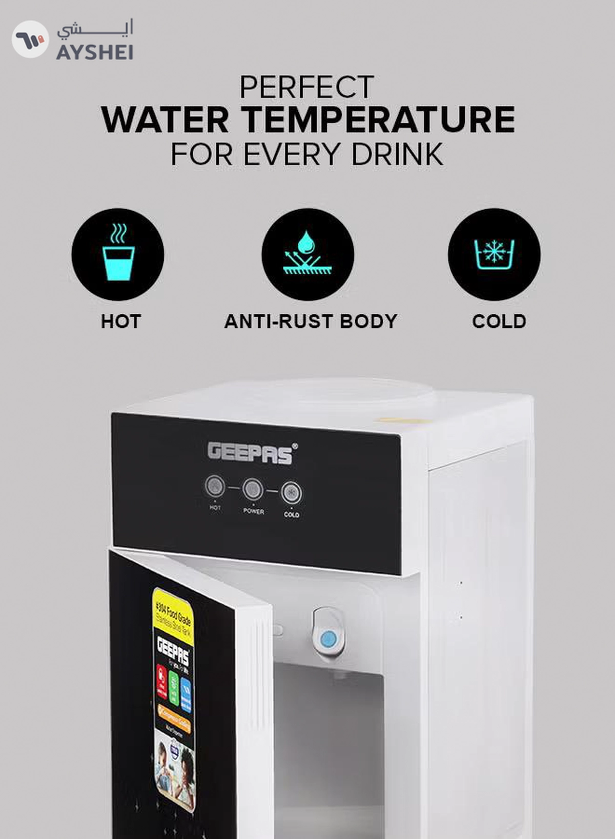GEEPAS Hot And Cold Water Dispenser | Stainless Steel Water Tank With Fast Cooling And 2 Taps, Hot And Cold| Cold Temperature: 5-10 Degrees Celsius; Hot Temperature: 85-90 Degrees Celsius| Desk Top Dispenser, Perfect For Home And Office| 1 Year Warranty GWD17033 Black-2-2