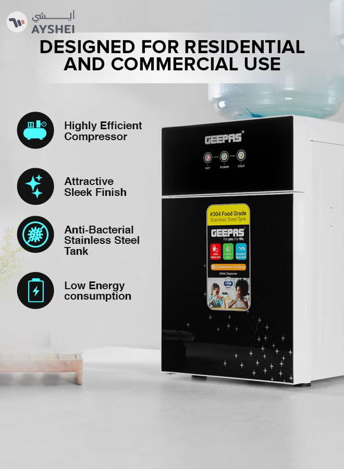 GEEPAS Hot And Cold Water Dispenser | Stainless Steel Water Tank With Fast Cooling And 2 Taps, Hot And Cold| Cold Temperature: 5-10 Degrees Celsius; Hot Temperature: 85-90 Degrees Celsius| Desk Top Dispenser, Perfect For Home And Office| 1 Year Warranty GWD17033 Black-3-3
