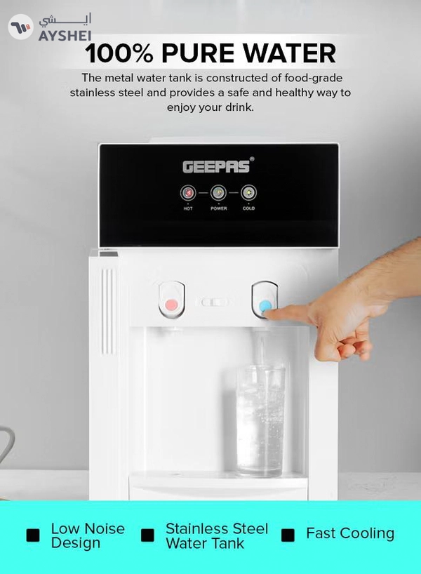 GEEPAS Hot And Cold Water Dispenser | Stainless Steel Water Tank With Fast Cooling And 2 Taps, Hot And Cold| Cold Temperature: 5-10 Degrees Celsius; Hot Temperature: 85-90 Degrees Celsius| Desk Top Dispenser, Perfect For Home And Office| 1 Year Warranty GWD17033 Black