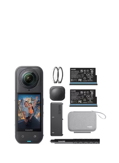 Insta360 X5 Essentials Bundle | X5 Camera + Extra Battery + 114cm Invisible Sefie Stick + Lens Cap + Carry Case, 15m Waterproof 8K 360 Action Camera, Low Light Capture, Wind Guard - Black-0