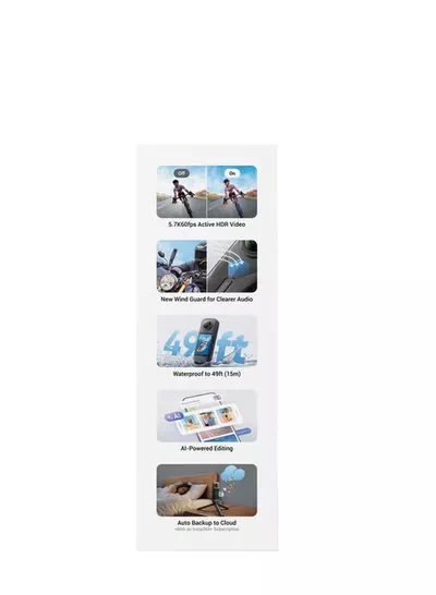 Insta360 X5 Essentials Bundle | X5 Camera + Extra Battery + 114cm Invisible Sefie Stick + Lens Cap + Carry Case, 15m Waterproof 8K 360 Action Camera, Low Light Capture, Wind Guard - Black-2