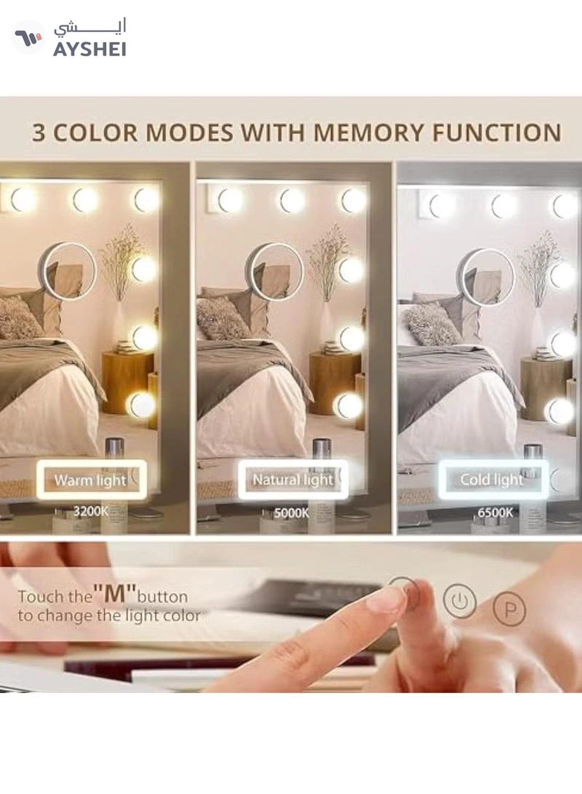 Hihonor Vanity/Makeup Mirror with Lights,10X Magnification，with 14 Dimmable LED Bulbs,3 Color Modes,Touch Control for Bedroom,Tabletop or Wall-Mounted-6-6