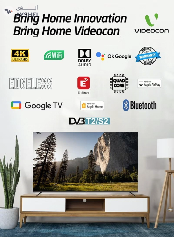 VIDEOCON 55-Inch 4K UHD Edgeless Official Google TV, Smart LED TV with Voice Remote, Dolby Audio, Bluetooth, Chromecast Built-In, DVB-T2/S2, Free Wall Mount – E55ELGT1100 Black