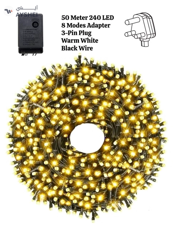 Yuwell 50 Meter 240 LED String Lights Decoration Lights Warm White 8 Modes Led Light Black Wire For Home Decorations Ramadan Lights Indoor & Outdoor Decoration Ramadan Decoration Light Diwali Lights Curtain Lights With 3-Pin Uk Plug